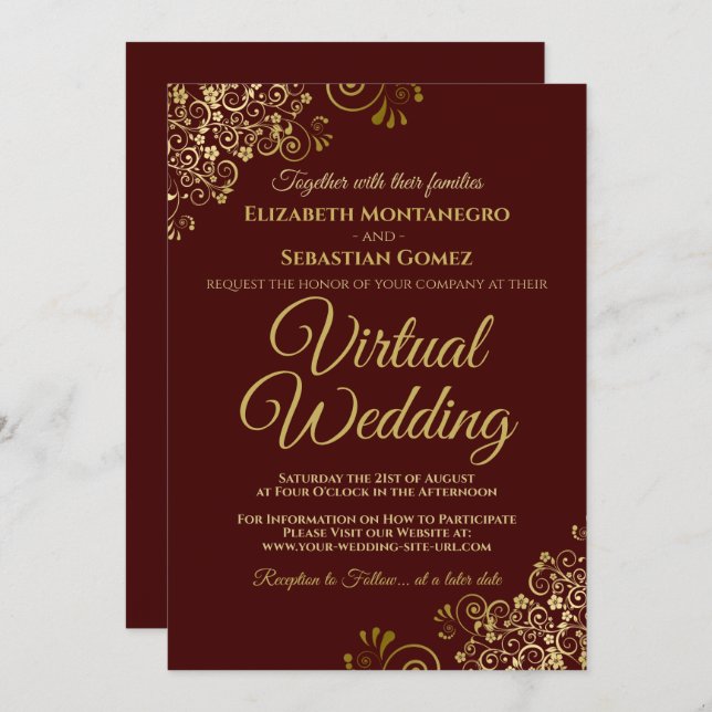 Gold Frills on Burgundy Elegant Virtual Wedding Invitation (Front/Back)