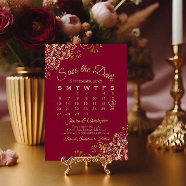 Gold Frills on Burgundy Elegant Wedding Calendar Save The Date (Creator Uploaded)