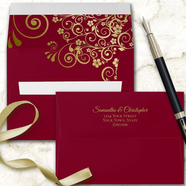 Gold Frills on Burgundy Maroon Elegant Wedding Envelope (Creator Uploaded)