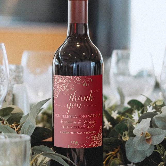 Gold Frills on Crimson Red Wedding Thank You Wine Label (Creator Uploaded)