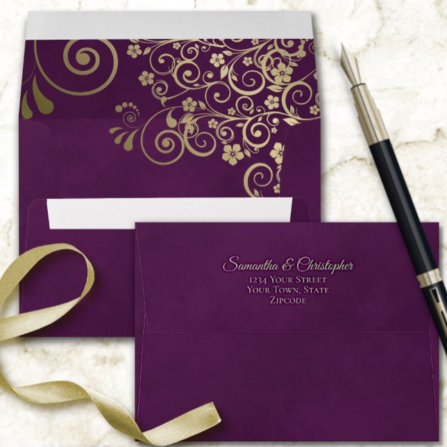 Gold Frills on Deep Plum Purple Elegant Wedding Envelope (Creator Uploaded)