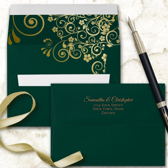 Gold Frills on Emerald Green Elegant Wedding Envelope (Creator Uploaded)