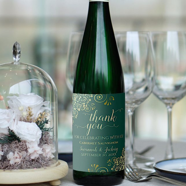 Gold Frills on Emerald Green Wedding Thank You Wine Label (Creator Uploaded)