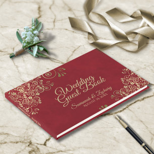 Gold Frills on Lush Marbled Red Elegant Wedding Guest Book