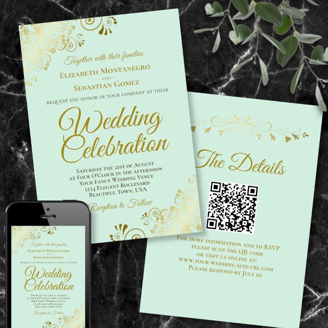 Gold Frills on Mint Green Elegant QR Code Wedding Invitation (Creator Uploaded)