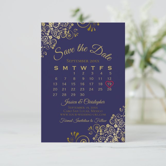 Gold Frills on Navy Blue Elegant Wedding Calendar Save The Date (Standing Front)