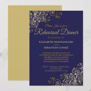 Gold Frills on Navy Wedding Rehearsal Dinner Invitation