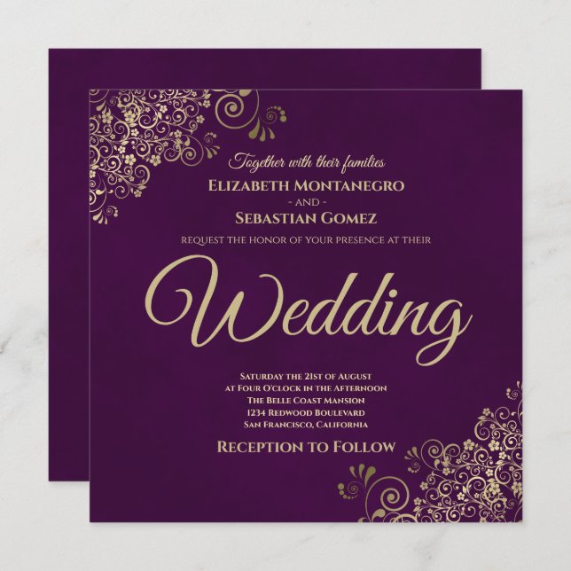 Gold Frills on Plum Purple Elegant Square Wedding Invitation (Front/Back)