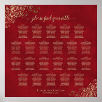 Gold Frills on Red 22 Table Wedding Seating Chart