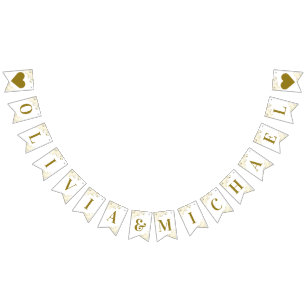 Gold Frills on White Wedding Couple Names Elegant Bunting