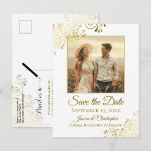 Gold Frills on White Wedding Save the Date Photo Announcement Postcard
