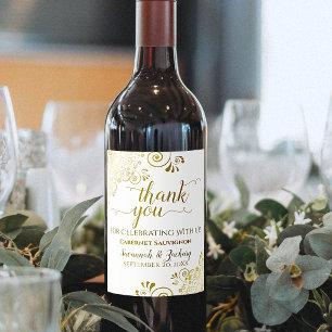 Gold Frills on White Wedding Thank You Wine Label