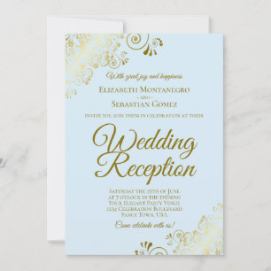 Gold Frills & Pale Blue Elegant Wedding Reception Invitation