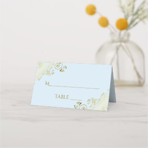 Gold Frills Powder Blue Elegant Wedding Write-In Place Card