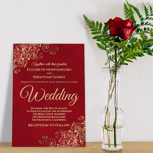 Gold Frills Simple Chic Elegant Red Wedding Invitation (Creator Uploaded)