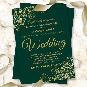 Gold Frills Simple Chic Emerald Green Wedding Invitation
