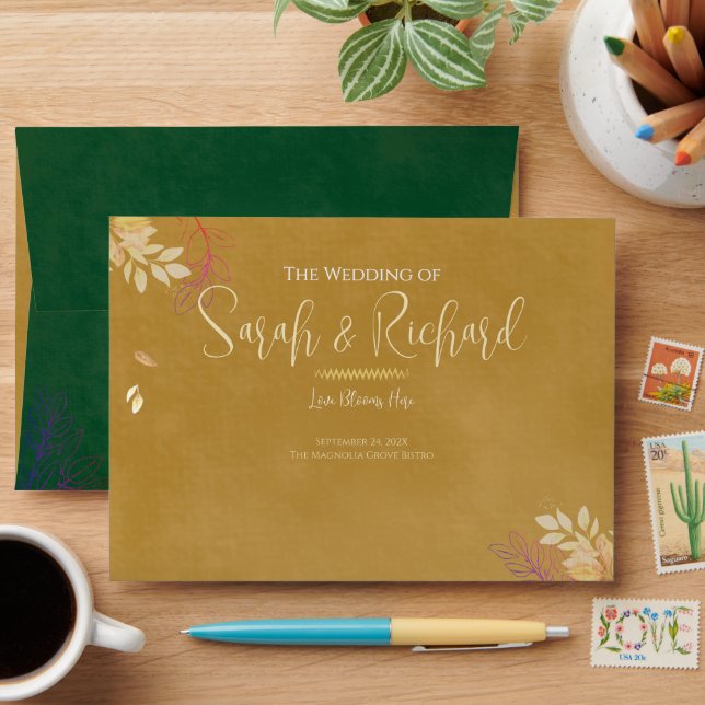 Gold Front Emerald Back Velvet Luxe Wedding  Envelope (Desk)