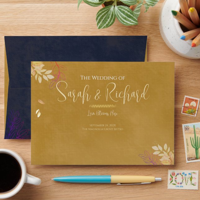 Gold Front Navy Back Velvet Luxury Wedding Envelope (Desk)