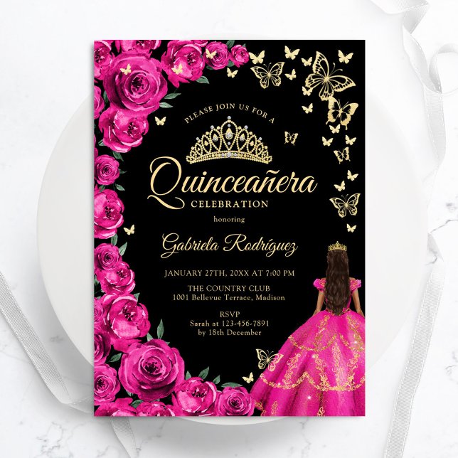 Gold Fuchsia Pink Roses Butterflies Quinceanera Invitation (Creator Uploaded)
