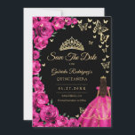 Gold Fuchsia Pink Roses Butterflies Quinceanera Save The Date<br><div class="desc">Black fuchsia pink gold Quinceanera celebration save the date card. Features brunette girl in ball gown dress,  script font,  gold butterflies,  hot pink roses and tiara. Perfect for an elegant princess style glam celebration. Personalise with your own details. Printed Zazzle cards or instant download digital printable template.</div>