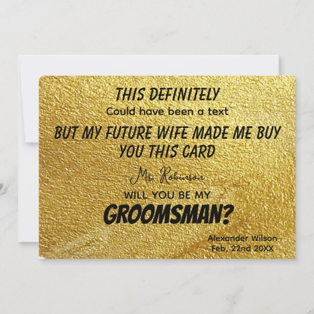Gold Funny Modern Personalised Groomsmen  Invitation (Front)