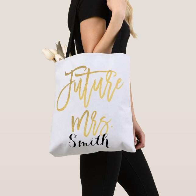 Gold Future Mrs. Personalised Wedding Engagement Tote Bag (Close Up)
