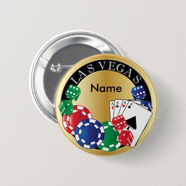 Gold Gambler Las Vegas - Dice, Cards, Poker Chips 6 Cm Round Badge (Front & Back)