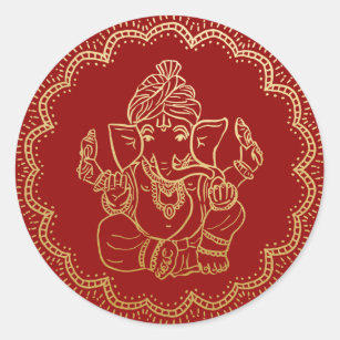 Gold Ganesh   Indian God Red Wedding Classic Round Sticker