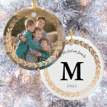 Gold Garland Elegant Photo and Monogrammed White Ceramic Tree Decoration<br><div class="desc">Dress your Christmas tree in classic black, white and glittering gold style with a favourite family photo on this two-sided, personalised porcelain ornament. Personalise the back with your family name, monogram and the year to create a one-of-a-kind keepsake you'll cherish for years to come. Photography � Shanna Russell Photography, San...</div>