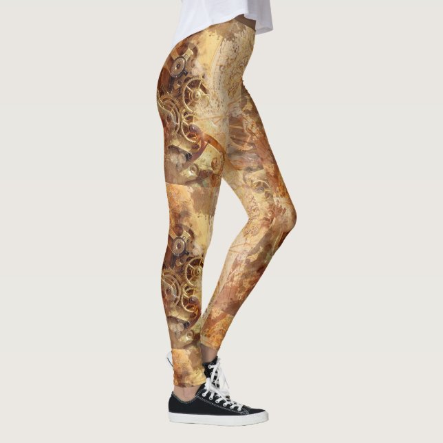 Gold Gears Mandala Celestial Steampunk Pattern Leggings (Right)