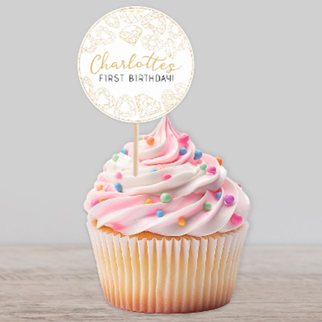 Gold Gem First Birthday – Custom Party Stickers (gold glitter gem birthday party sticker)