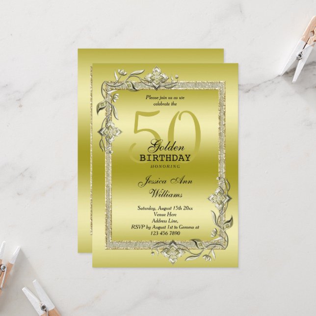 Gold Gem & Glitter 50th Golden Birthday Party Invitation (Front/Back In Situ)
