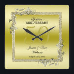 Gold Gem & Glitter 50th Golden Wedding Anniversary Square Wall Clock<br><div class="desc">Glamourous and elegant posh 50th Golden Wedding Anniversary wall clock with stylish gold gem stone jewels corner decorations and matching coloured glitter border frame. A romantic design for your celebration. All text, font and font colour is fully customisable to meet your requirements. If you would like help to customise your...</div>