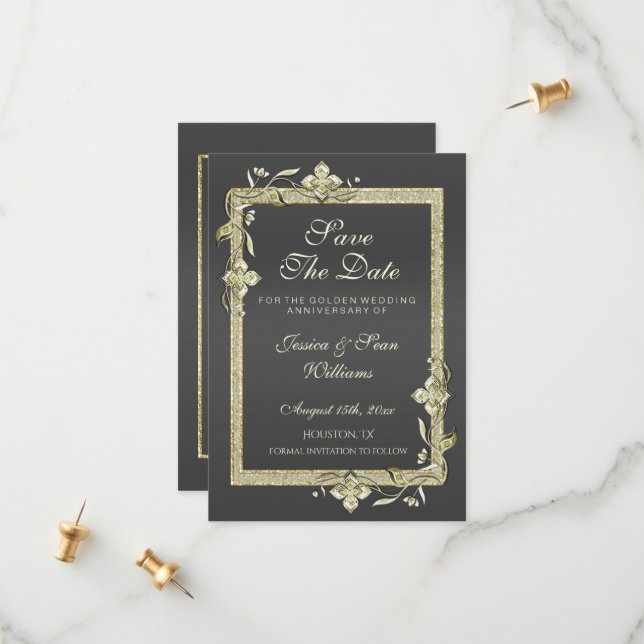 Gold Gem & Glitter 50th Golden Wedding  Save The Date (Front/Back In Situ)