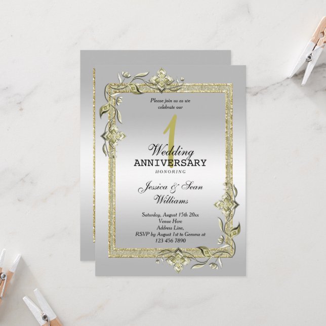Gold Gem, Glitter & Silver 1st Wedding   Invitation (Front/Back In Situ)