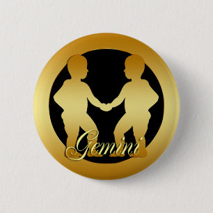 GOLD GEMINI ZODIAC SIGN 6 CM ROUND BADGE