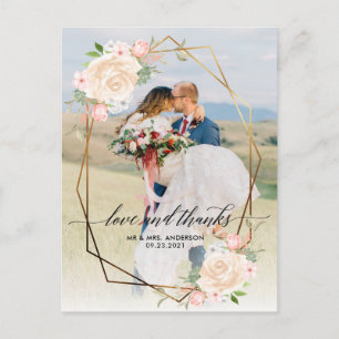 Gold Geo Frame Peach Photo Wedding Thank You Postcard
