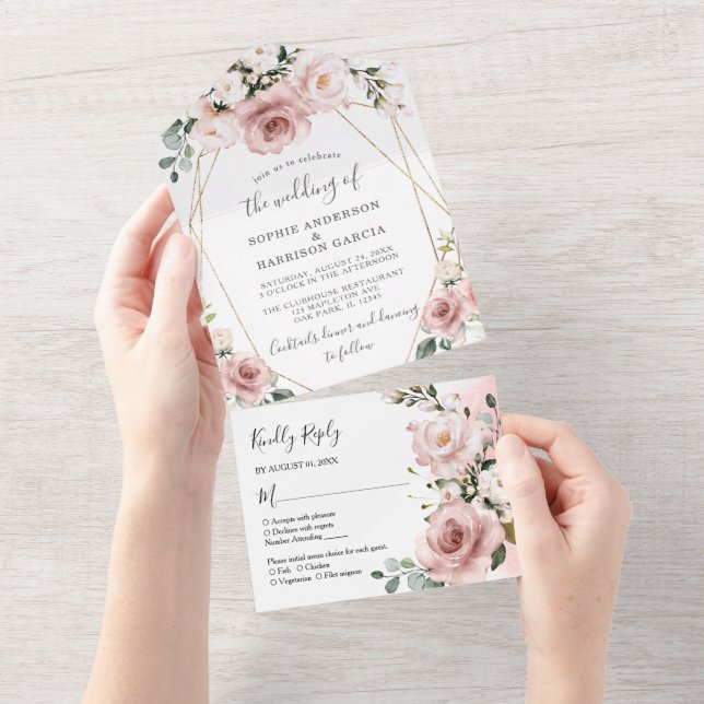 Gold Geometric And Dusty Rose Pink Floral Wedding All In One Invitation (Tearaway)