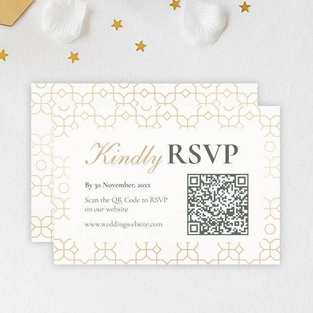 Gold Geometric Arch Wedding RSVP with QR Code Card (Gold & Ivory Geometric Art Deco Wedding Kindly RSVP with Barcode)