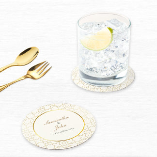 Gold Geometric Art Deco Pattern Wedding Round Paper Coaster