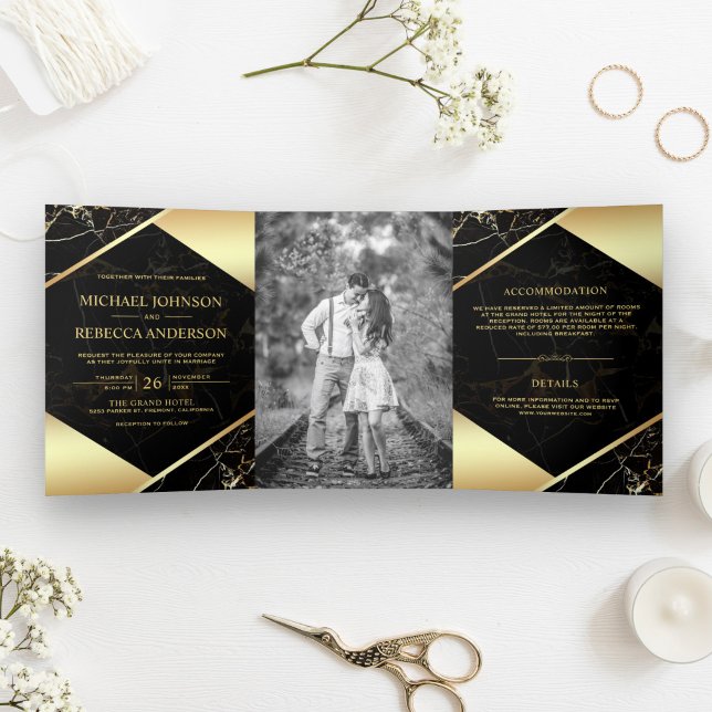 Gold Geometric Black Marble Photo Wedding Tri-Fold Invitation (Creator Uploaded)