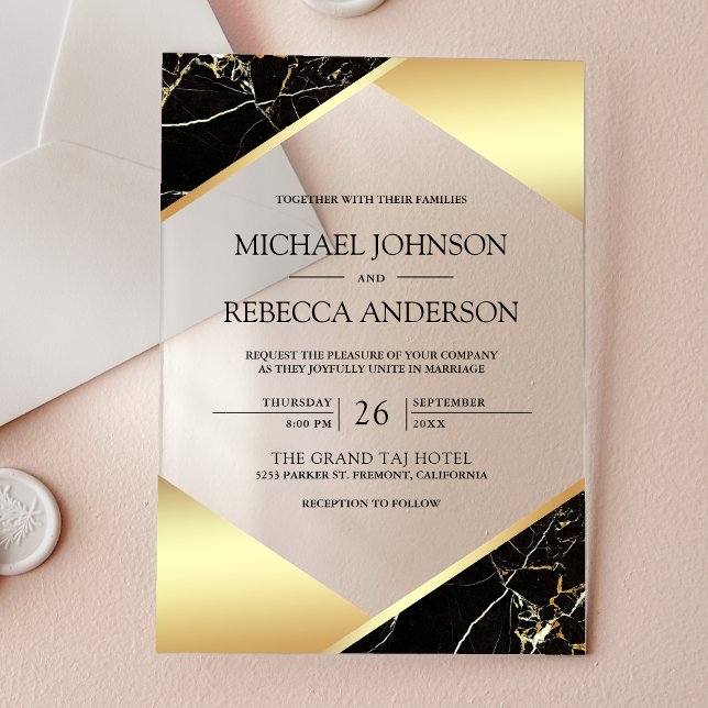 Gold Geometric Black Marble Wedding Acrylic Invitations (Creator Uploaded)