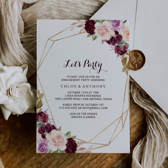 Gold Geometric Blush Burgundy Floral Let's Party Invitation (Creator Uploaded)