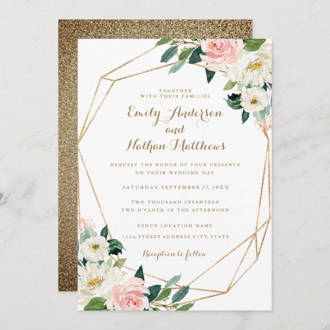 Gold Geometric Blush Floral Wedding Invitation (Front/Back)