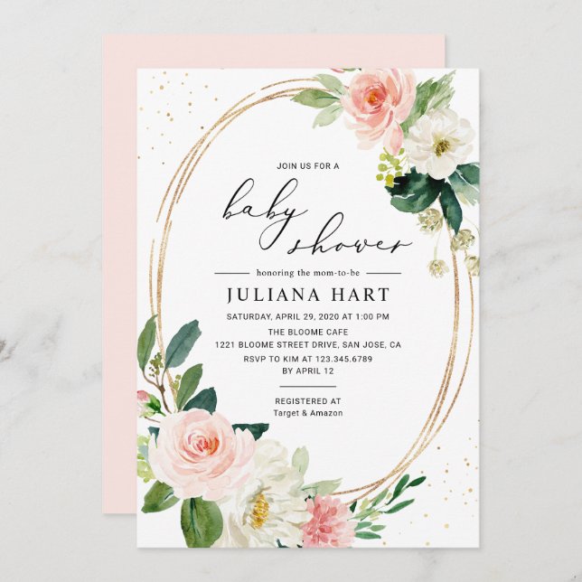 Gold Geometric Blush Pink Floral Baby Shower Invitation (Front/Back)