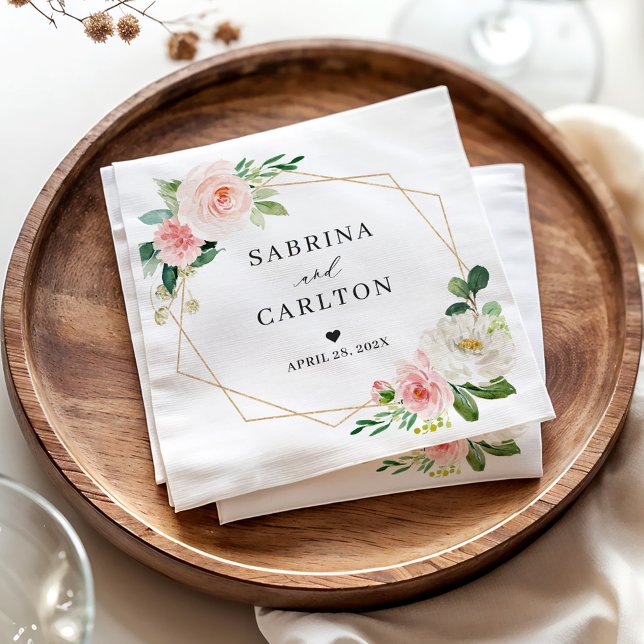 Gold Geometric Blush Pink Floral Wedding Napkin (Creator Uploaded)