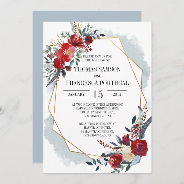 Gold Geometric Boho Floral Wedding Invitation (Front/Back)