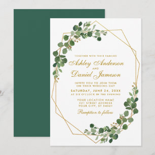 Gold Geometric Botanical Green Eucalyptus Wedding Invitation