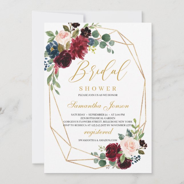 Gold geometric burgundy and blush pink floral invitation (Front)