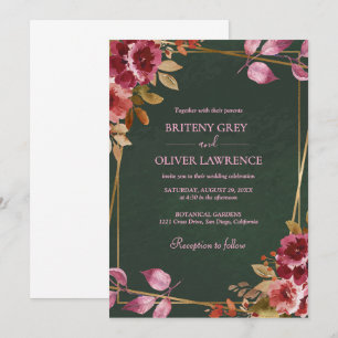 Gold Geometric Burgundy and Green Floral Wedding  Invitation